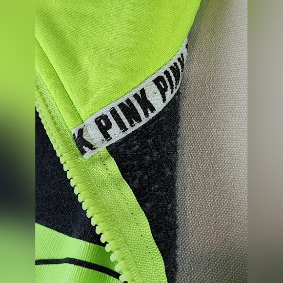 PINK Neon Green Logo Quarter Zip Pullover XS Gray Fleece Sweatshirt Top - Picture 7 of 8